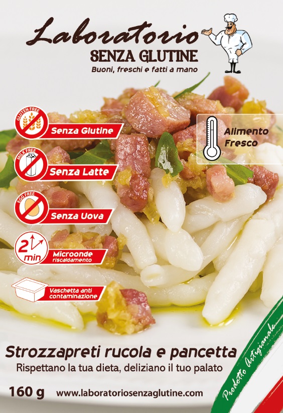 Strozzapreti rucola e pancetta - Piatti pronti senza glutine Strozzapreti rucola e pancetta - Piatti pronti senza glutine